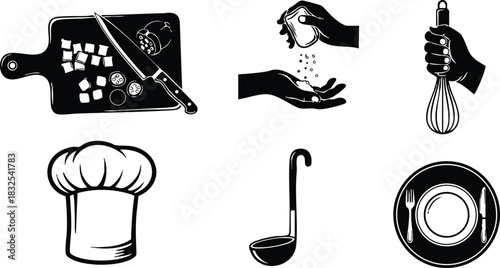 Black and white vector art of kitchen utensils including cutting board knife whisk ladle chef hat seasoning hands and dinner plate arranged in two rows minimal cooking design
