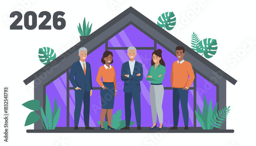 Diverse business team focused on future 2026 goals standing outside a modern sustainable building