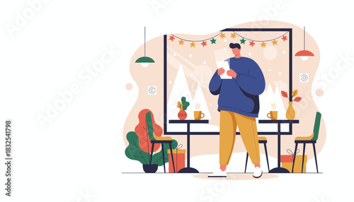 Man reads on a cozy winter day in a cafe with festive decor and hot drinks Relaxing lifestyle