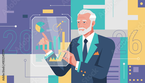 Senior executive analyzes 2026 business strategy using a futuristic holographic data screen