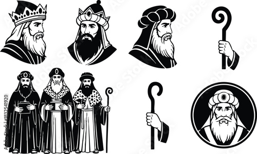 Monochrome vector art portraits of three wise men with crowns and turbans holding gifts and shepherd staffs in vintage christian christmas nativity style