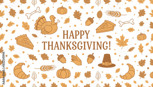 Thanksgiving holiday seamless pattern with food leaves and pilgrim icons on white background
