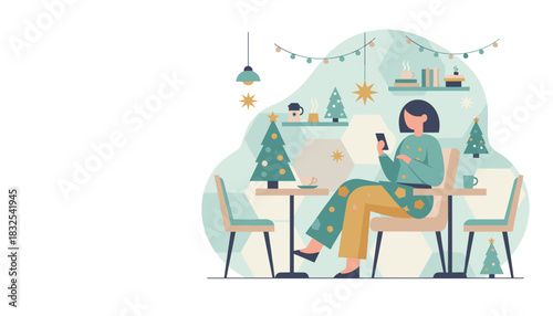 Woman using smartphone in a cozy cafe decorated for Christmas holidays Festive digital communication