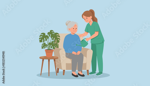 Caregiver watering senior woman in armchair symbolizing health support and emotional care for the elderly