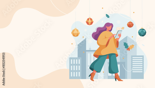 Modern woman shops online using a tablet while walking through the festive winter city center
