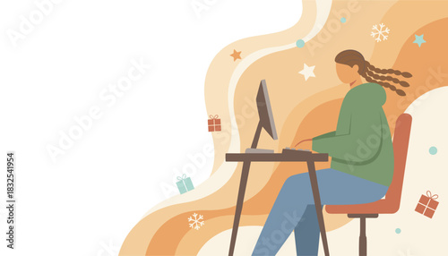 Remote work or holiday shopping illustration with copy space Festive winter background