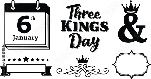 Monochrome vector art with calendar for 6 january and decorative crowns highlighting three kings day celebration typography and vintage frames in flat festive style