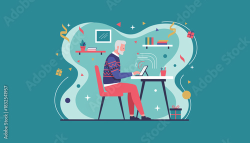 Senior man working on a tablet at his desk surrounded by festive holiday decorations Remote work celebration