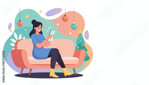 Happy woman relaxes on sofa using her phone near holiday decorations Communication and festive leisure