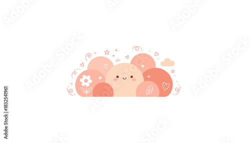 Happy pastel character illustration with decorative hearts and flowers suitable for kids design or branding