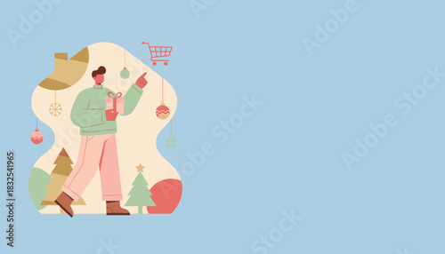 Festive man holds a gift pointing to a shopping cart icon Christmas online shopping illustration