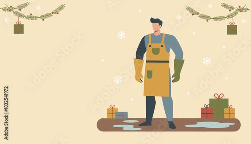 Illustration of a worker in an apron standing near Christmas gifts and garlands ready for holiday work
