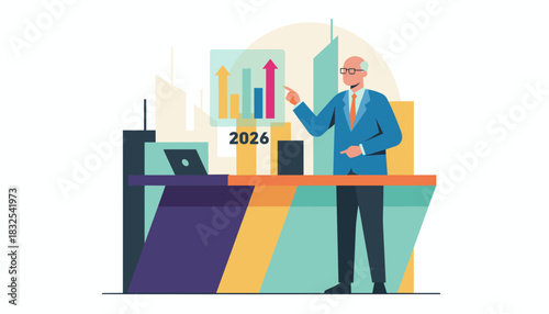 Executive presenting future growth strategy for 2026 Business plan and financial success concept