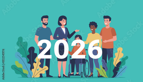 Happy diverse team welcoming the year 2026 Unity inclusion and future celebration graphic