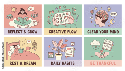 Six selfcare illustrations creative flow reflection gratitude rest clear mind and daily habits