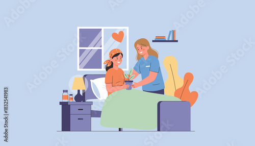 Caring nurse supports sick patient in hospital bed offering comfort and promoting recovery