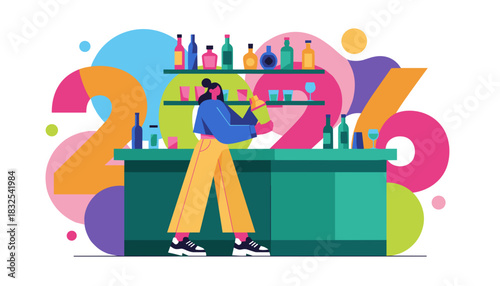Vibrant 2026 New Year celebration Bartender prepares a cocktail at a modern colorful bar