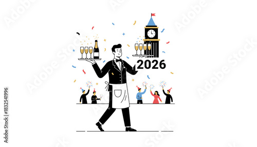 New Year 2026 celebration with a waiter serving champagne confetti and a clock tower countdown