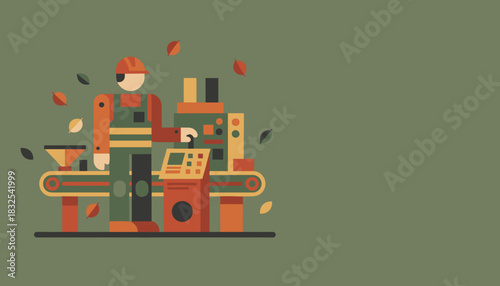 Flat design illustration of factory worker operating industrial machinery Production and automation concept