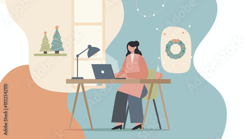 Woman works on laptop at home office decorated for Christmas holidays Remote work concept