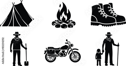Black camping icons set with tent campfire hiking boots father and child biker and man holding shovel in simple flat vector art style