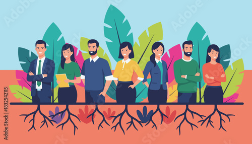 Diverse team illustration rooted in nature symbolizing growth stability and strong foundation