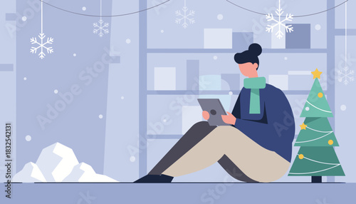 Person sits inside using a digital tablet during the cozy winter holiday season with a Christmas tree
