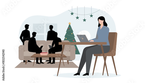 Remote worker focused on laptop near colleagues socializing during the festive holiday season