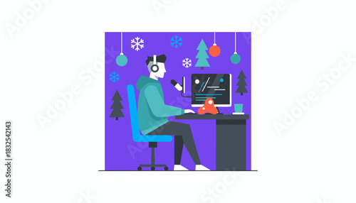 Winter podcasting or streaming illustration Content creator working at desk with festive holiday decor