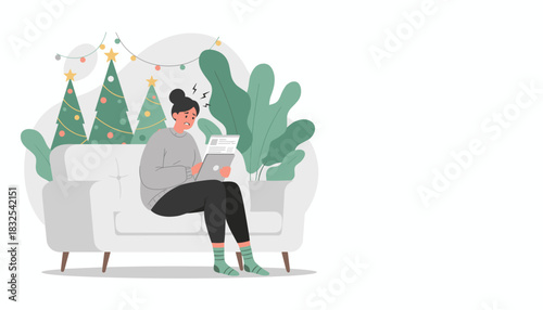 Stressed woman working on a laptop during the holidays experiencing burnout or anxiety at home