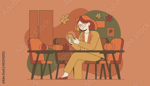 Woman using phone in autumn setting with pumpkins and fall leaves Seasonal communication concept