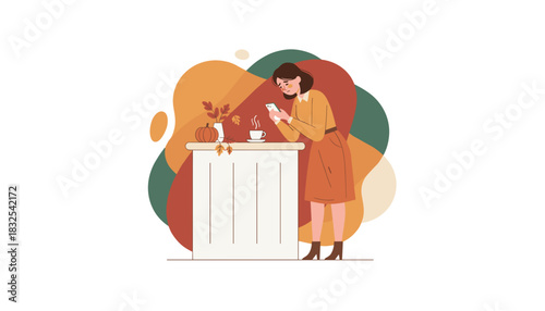 Woman looking at her mobile phone with a sad expression in an autumn scene