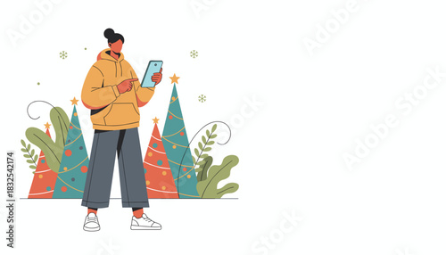 Holiday shopping concept Person uses phone next to decorated Christmas trees and snow