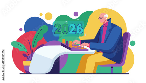Senior businessman calculates 2026 financials and planning future business growth