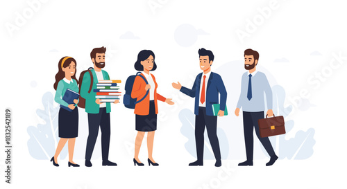 A diverse group of university students with books and backpacks meeting and talking with their professors or corporate professionals.