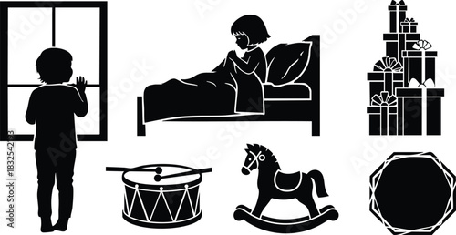 Flat design black silhouette icons of lonely child at window praying girl in bed drum rocking horse gift boxes and frame in winter night mood