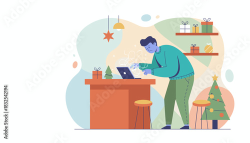 Frustrated man stressed by laptop work during the busy Christmas holiday season