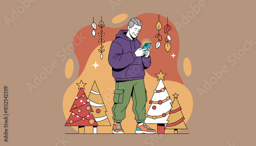 Young man texting on smartphone among festive abstract Christmas trees Holiday technology