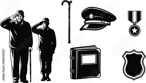 Black and white vector art of veteran grandfather with cane saluting beside young soldier with military icons hat medal badge cane and photo album
