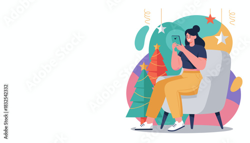 Casual woman using smartphone for Christmas shopping or communication