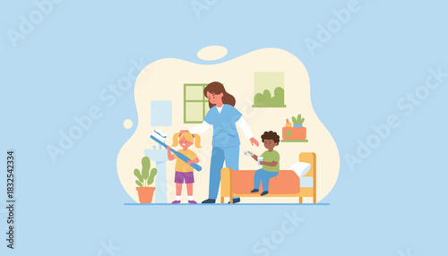 Healthcare professional teaching kids dental hygiene and administering medicine