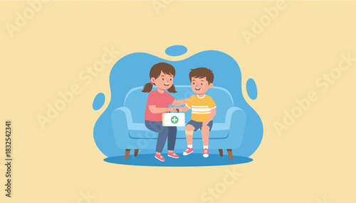 Sister giving first aid to brothers injured leg at home Safety sibling bond and childhood care