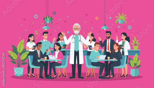 Diverse medical and business team celebrating achievement with doctor leading the success