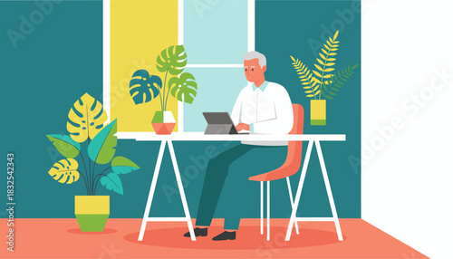 Senior man working on a tablet in a modern home office surrounded by indoor plants