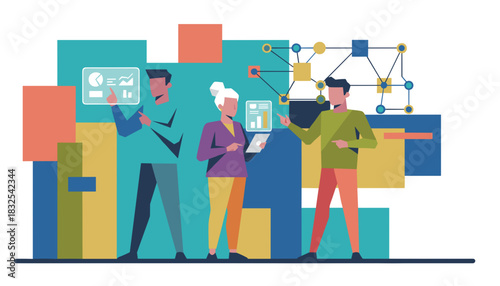 Team analyzing digital data visualizations and networks Business intelligence and collaboration concept