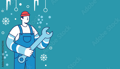 Winter repairman illustration holding a wrench against a cold backdrop with copy space