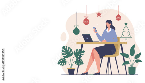 Businesswoman working remotely during festive season using phone and laptop with holiday decorations