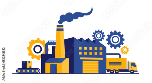Flat design industrial factory illustration showing production logistics machinery and air pollution