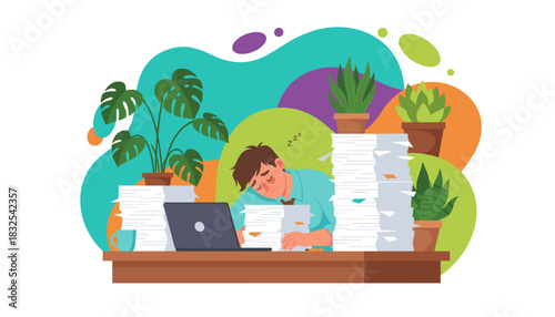 Overworked man sleeping on desk surrounded by documents and plants Work stress and exhaustion illustration