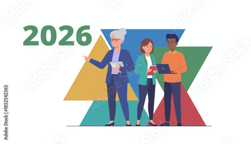 Diverse team plans 2026 corporate strategy led by a senior businesswoman pointing forward